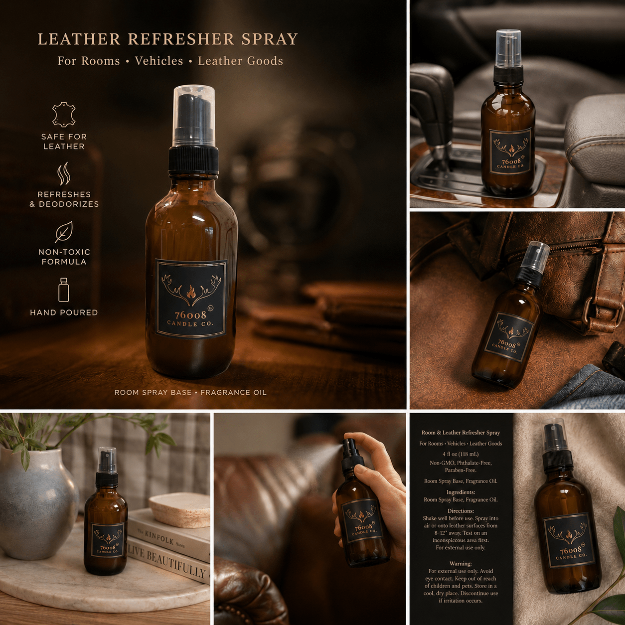Leather Scented Air Spray – 4 oz | Room & Car Freshener - 76008 Candle Co.