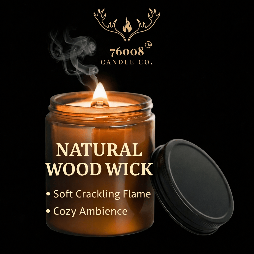 Leather Scented Soy Candle for Men - Crackling Wood Wick, Amber Glass Jar | 76008 Candle Co. - 76008 Candle Co.