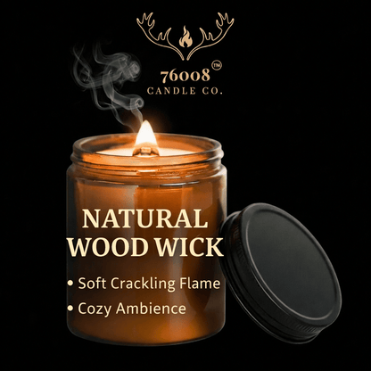 Leather Scented Soy Candle for Men - Crackling Wood Wick, Amber Glass Jar | 76008 Candle Co. - 76008 Candle Co.