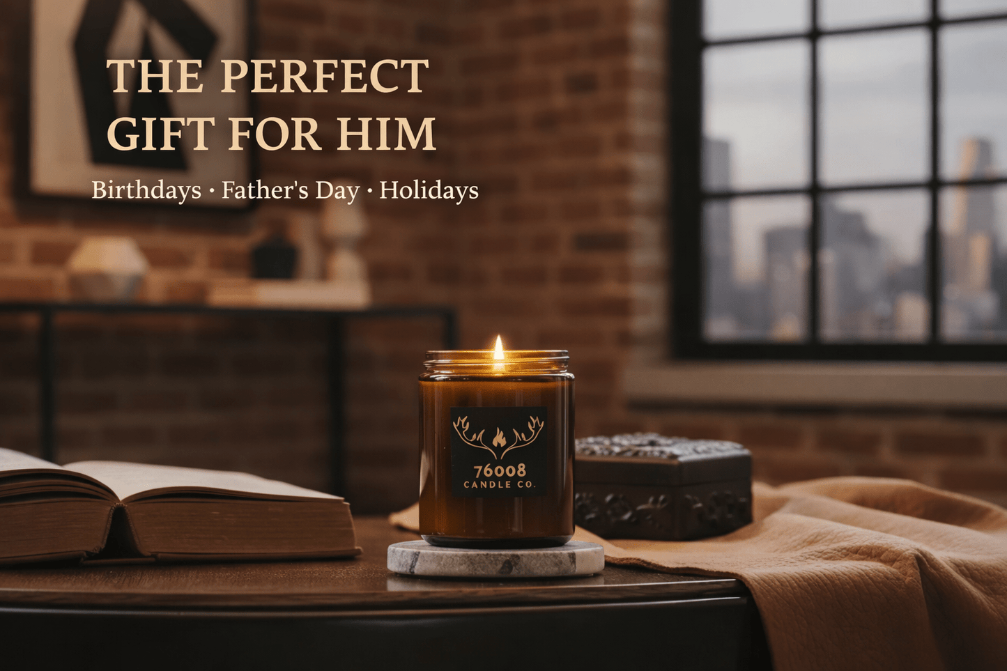 Leather Scented Soy Candle for Men - Crackling Wood Wick, Amber Glass Jar | 76008 Candle Co. - 76008 Candle Co.