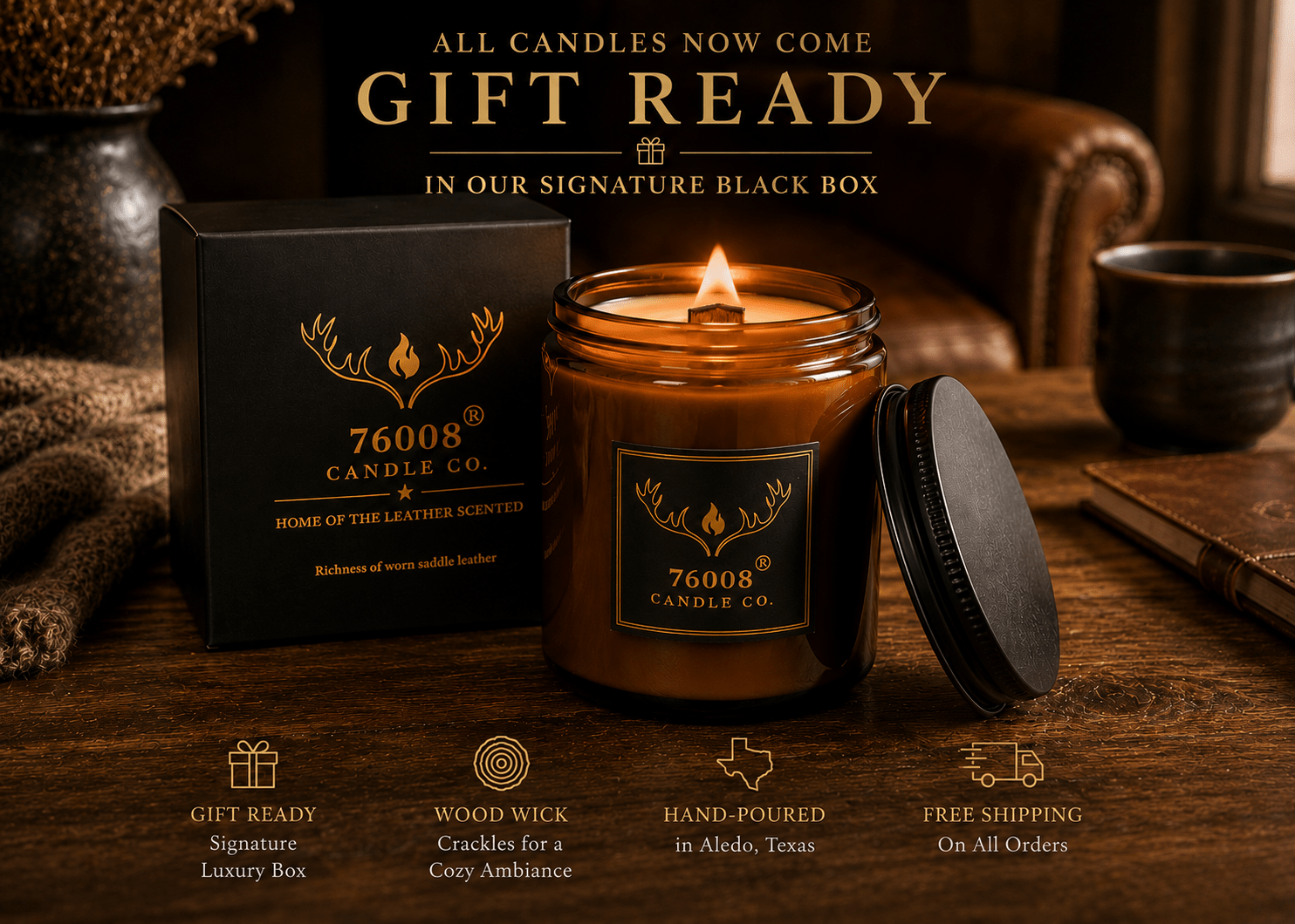 Leather Scented Soy Candle for Men - Crackling Wood Wick, Amber Glass Jar | 76008 Candle Co. - 76008 Candle Co.