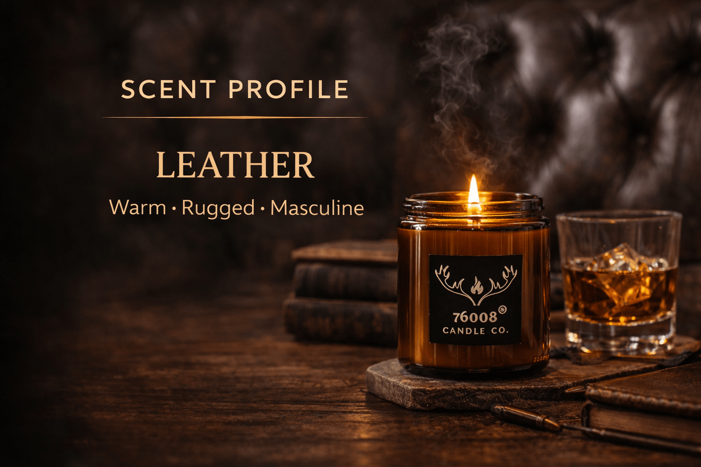 Leather Scented Soy Candle for Men - Crackling Wood Wick, Amber Glass Jar | 76008 Candle Co. - 76008 Candle Co.