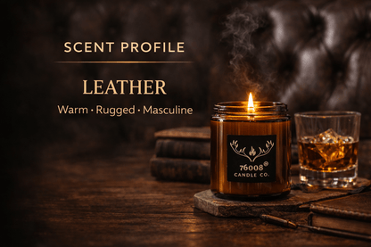 Leather Scented Soy Candle for Men - Crackling Wood Wick, Amber Glass Jar | 76008 Candle Co. - 76008 Candle Co.