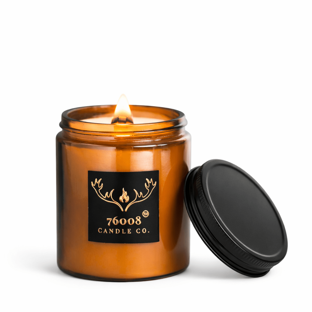 Leather Scented Soy Candle for Men - Crackling Wood Wick, Amber Glass Jar | 76008 Candle Co. - 76008 Candle Co.