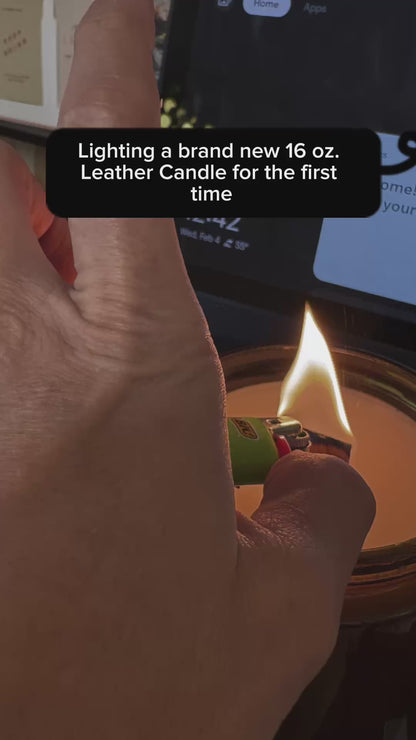 Leather Scented Soy Candle for Men - Crackling Wood Wick, Amber Glass Jar | 76008 Candle Co.